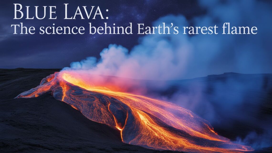 Blue lava glowing at night as burning sulfur flows down the volcanic slopes of Ijen Volcano, Indonesia.