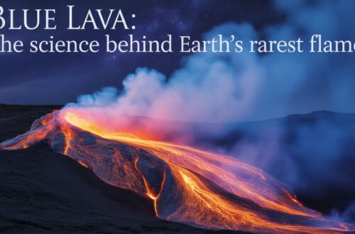 Blue lava glowing at night as burning sulfur flows down the volcanic slopes of Ijen Volcano, Indonesia.