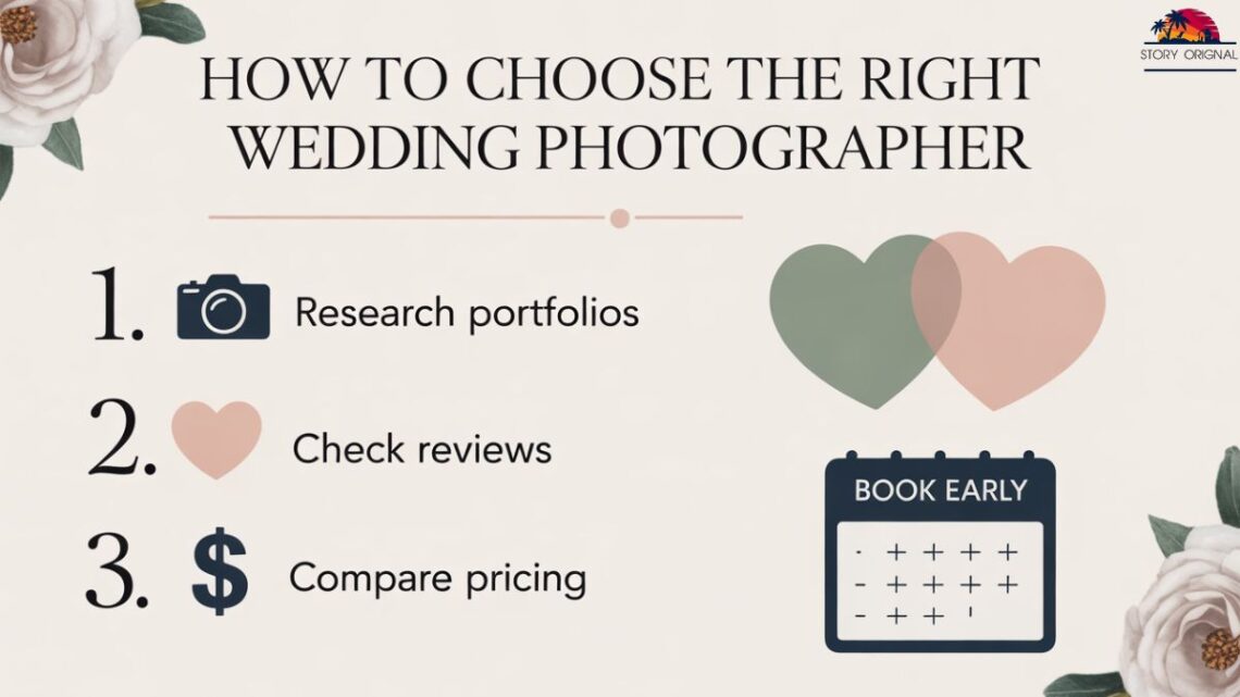 Wedding photographer capturing a beautiful bride and groom moment with professional camera and natural lighting