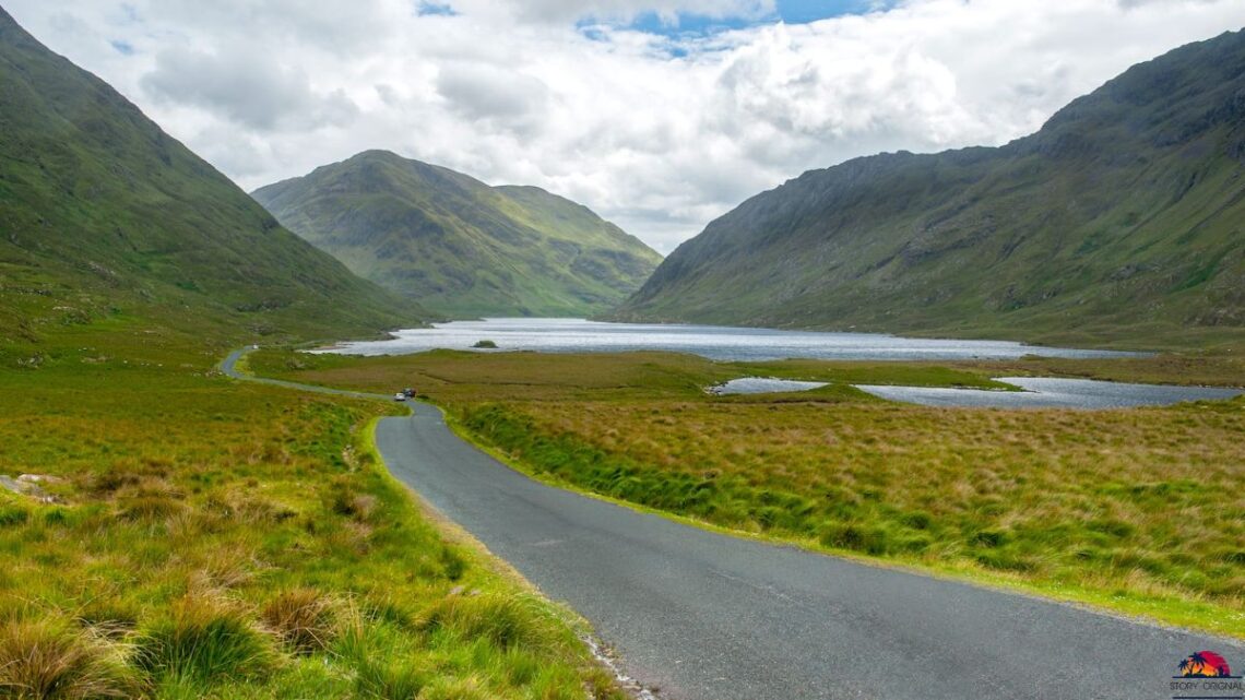 Ireland tourist attraction with dramatic coastline and green valleys