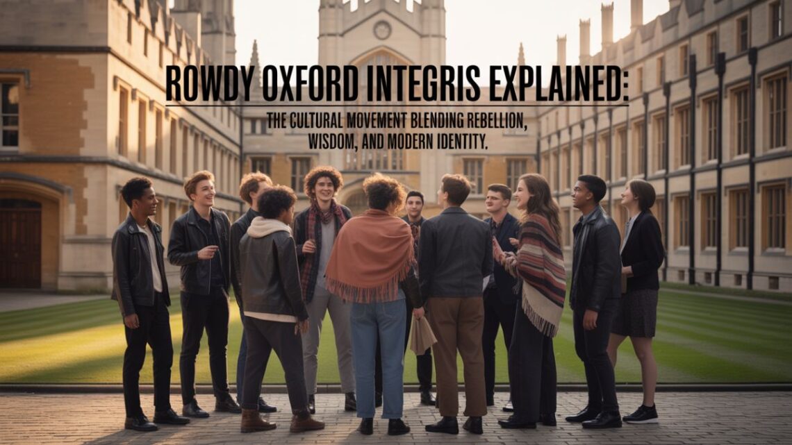 Rowdy Oxford Integris concept illustration blending rebellion, wisdom, and modern cultural identity.