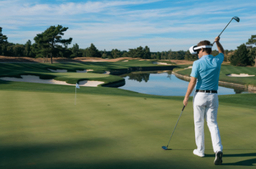 Golfers using smartphones and GPS devices on a modern golf course during a group travel trip at sunset.